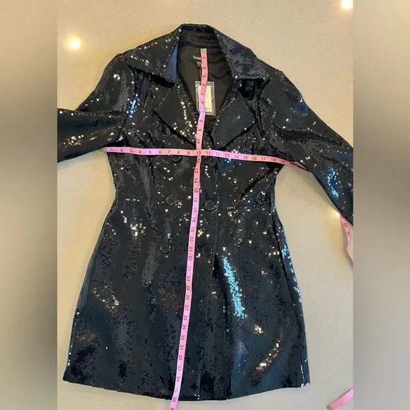 BEBE NWT SEQUIN TRENCH COAT BLACK SHINY TUXEDO COUTURE GALA FORMAL JACKET GLAMOR - Picture 14 of 16